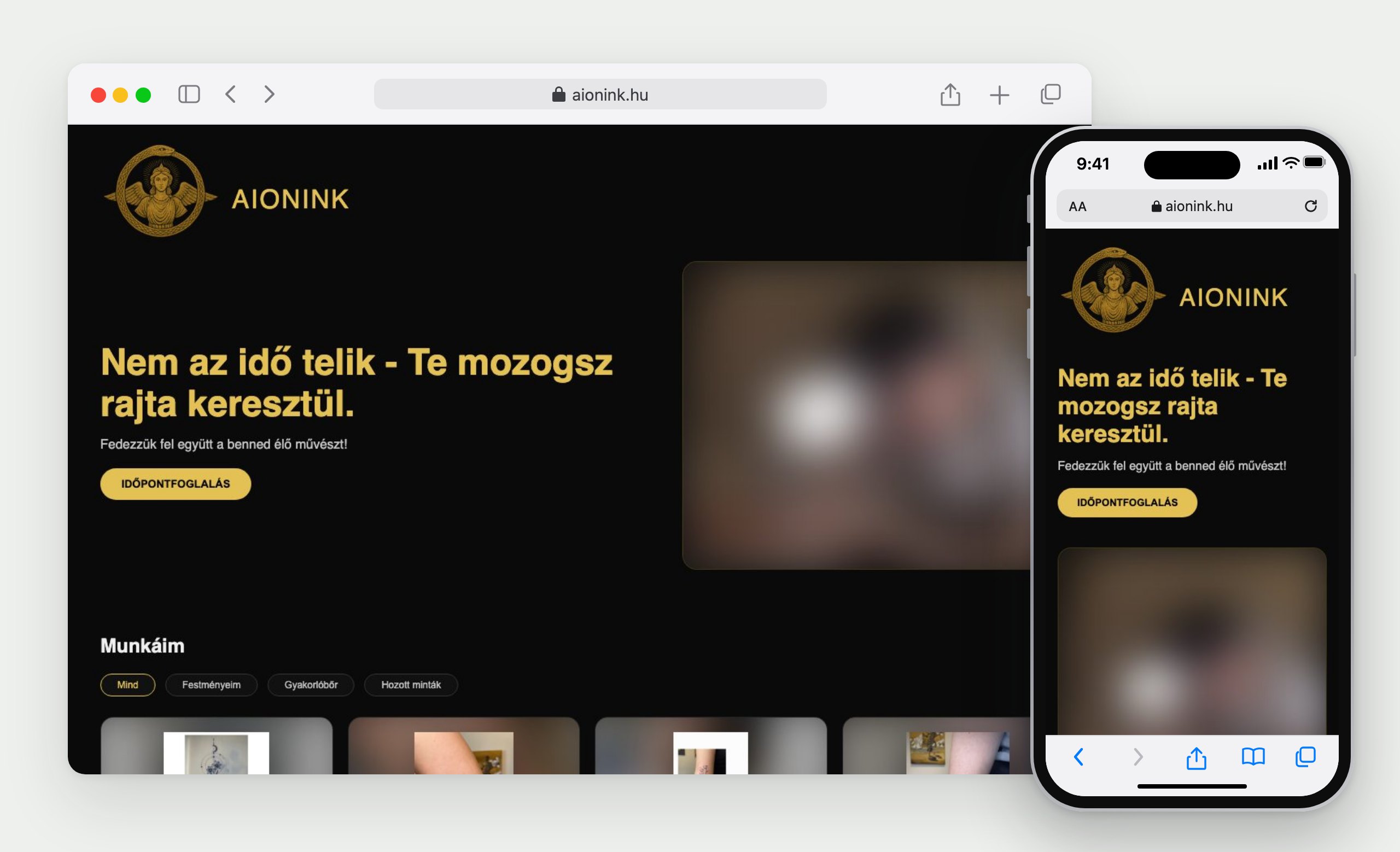 aionink: a weboldal böngészőben és telefonon