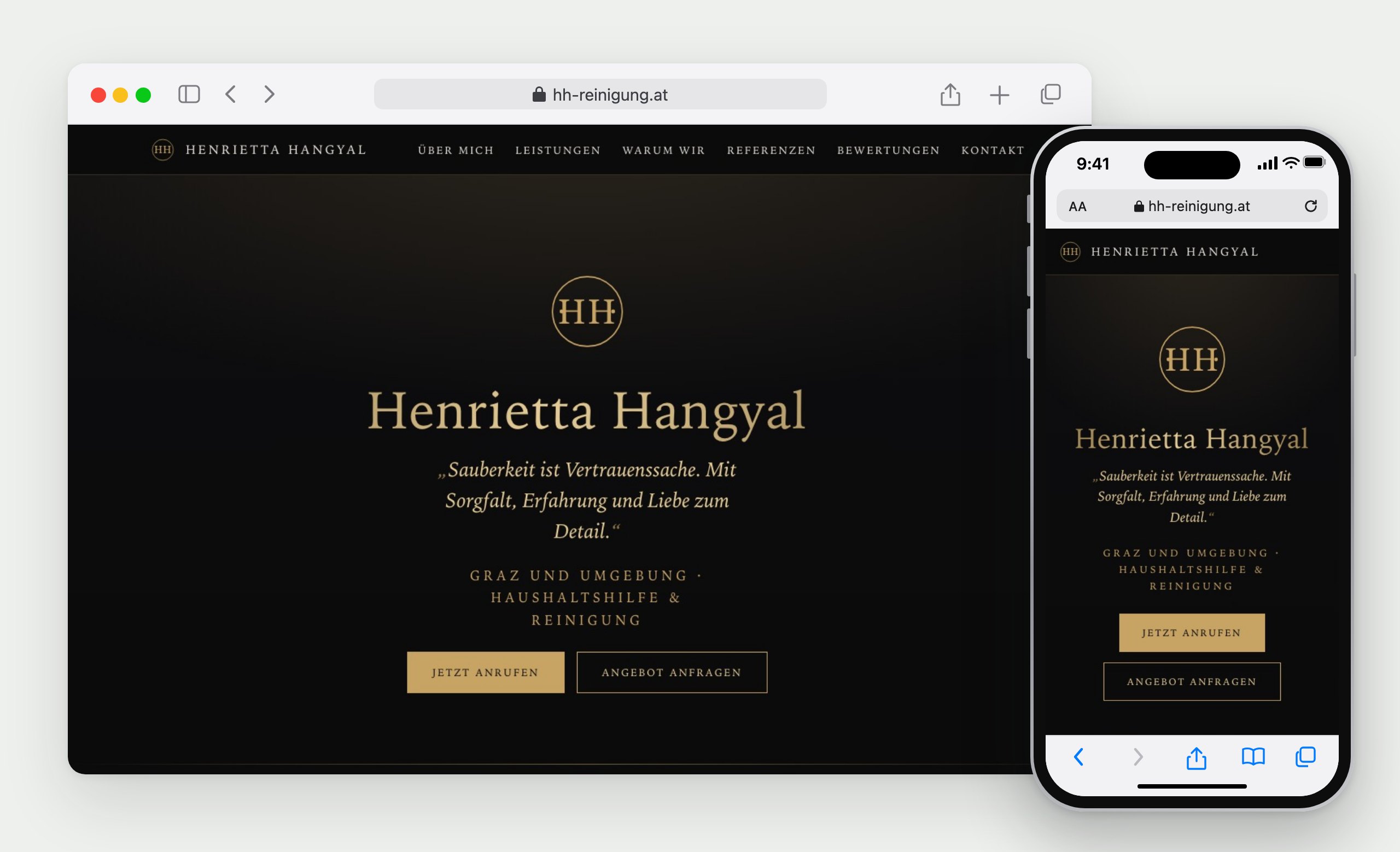 HH Reinigung: a weboldal böngészőben és telefonon