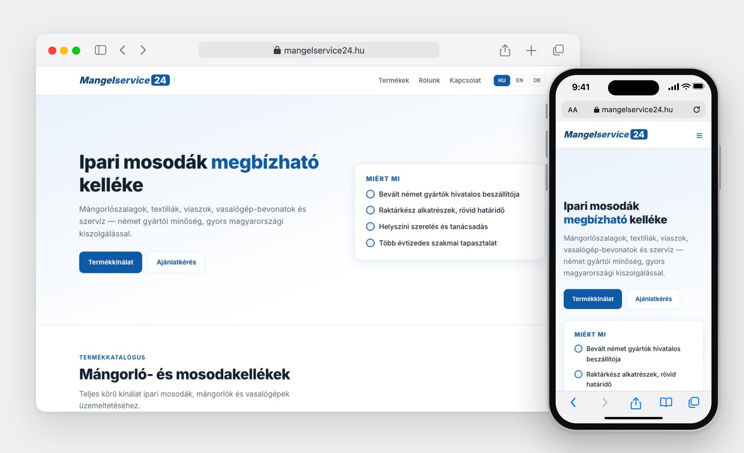 Mangelservice 24: a weboldal böngészőben és telefonon