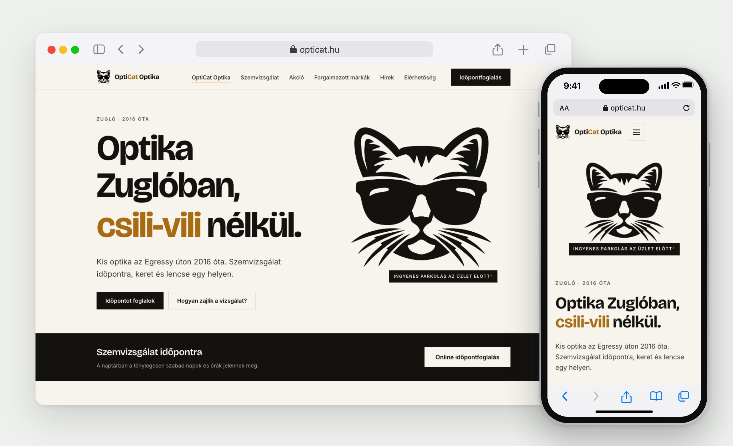 OptiCat Optika: a weboldal böngészőben és telefonon
