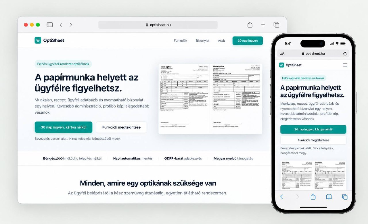 OptiSheet: a weboldal böngészőben és telefonon