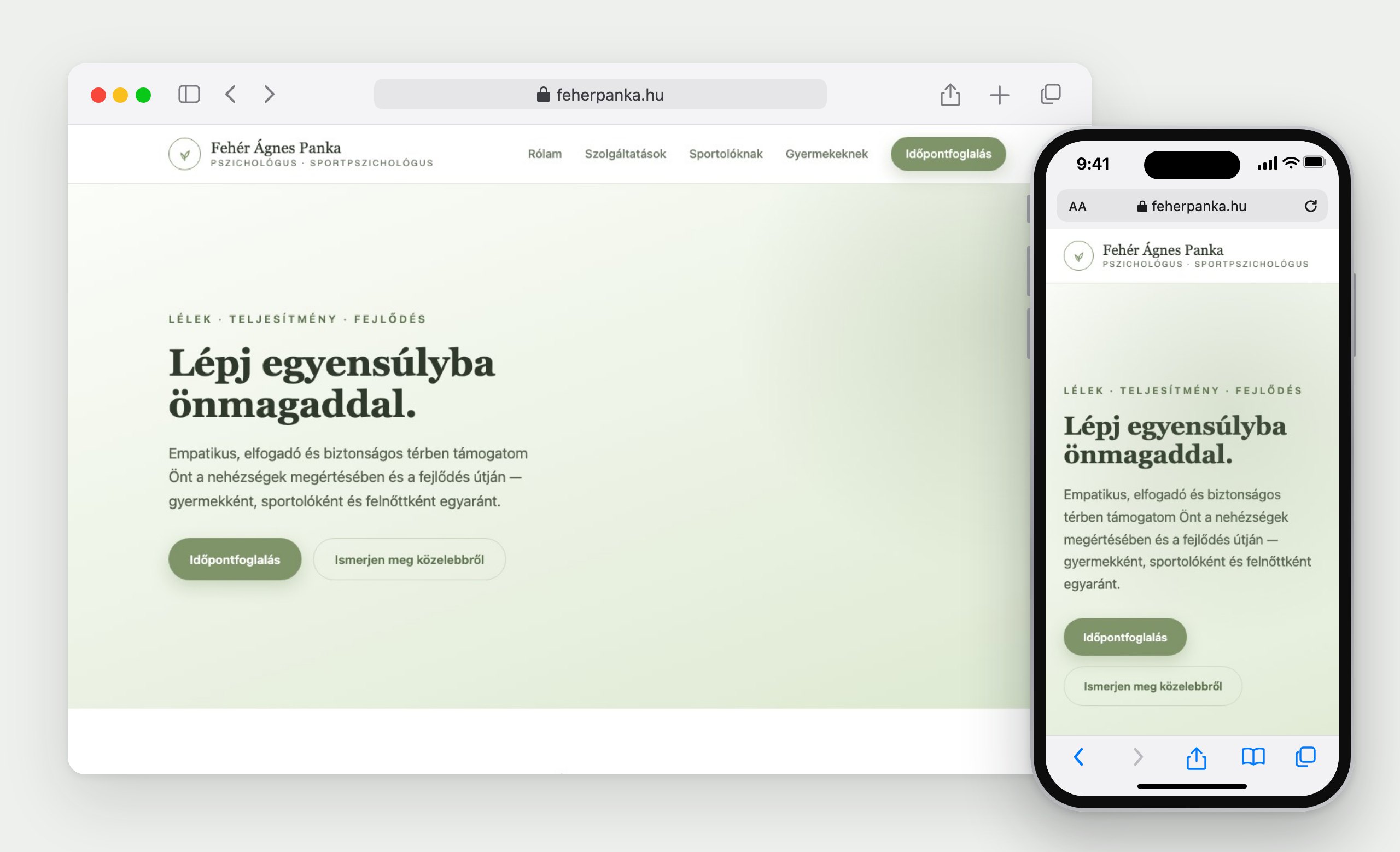 Fehér Ágnes Panka: a weboldal böngészőben és telefonon