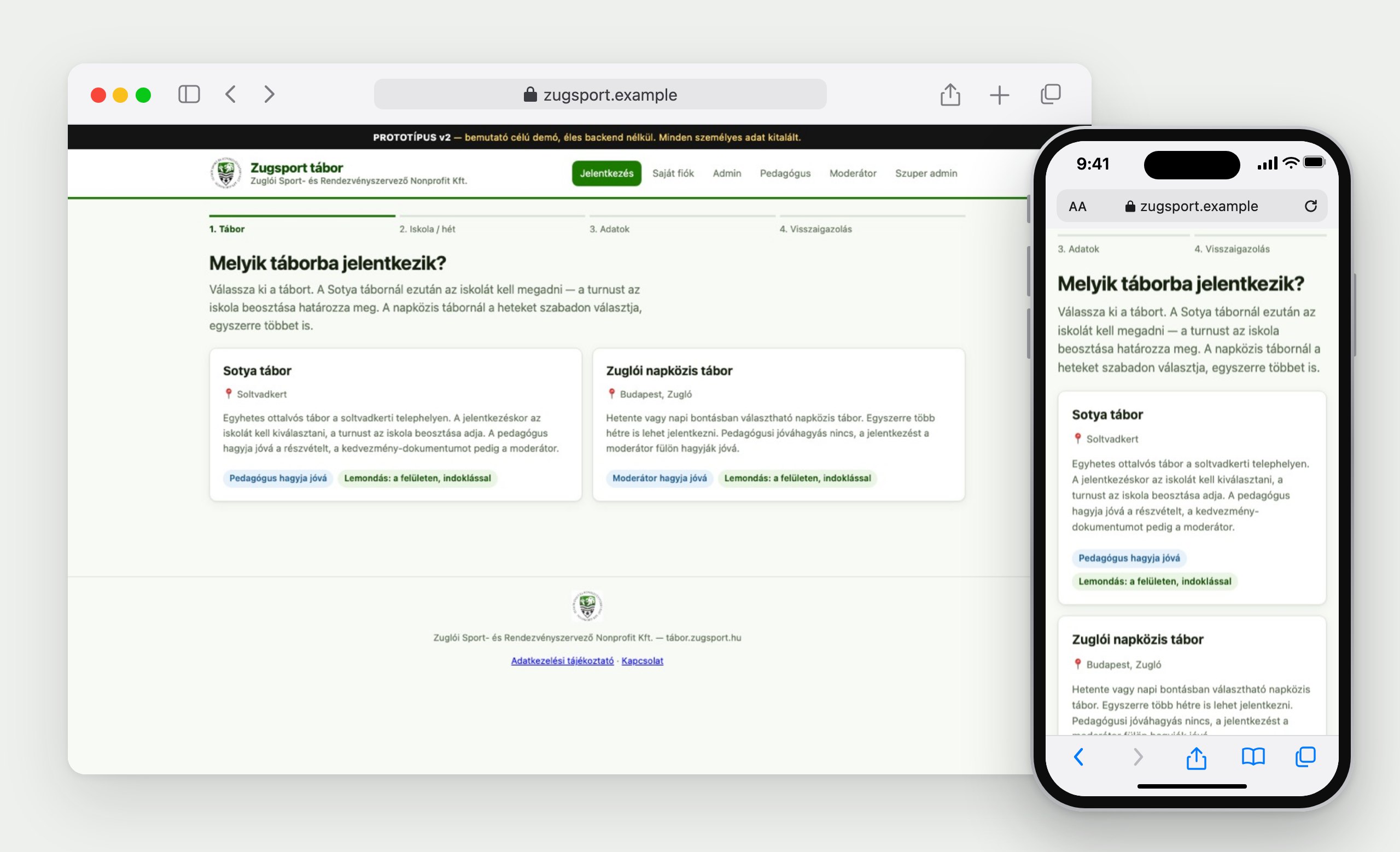 ZugSport: a weboldal böngészőben és telefonon